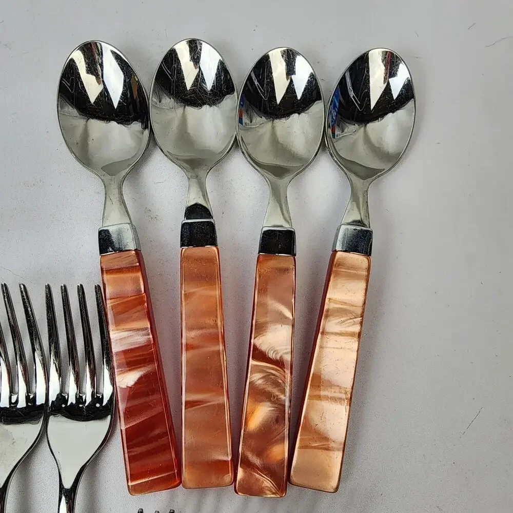 Inox 18/10 Italy Orange Swirl Acrylic Handle Modern Sleek Flatware 19pc